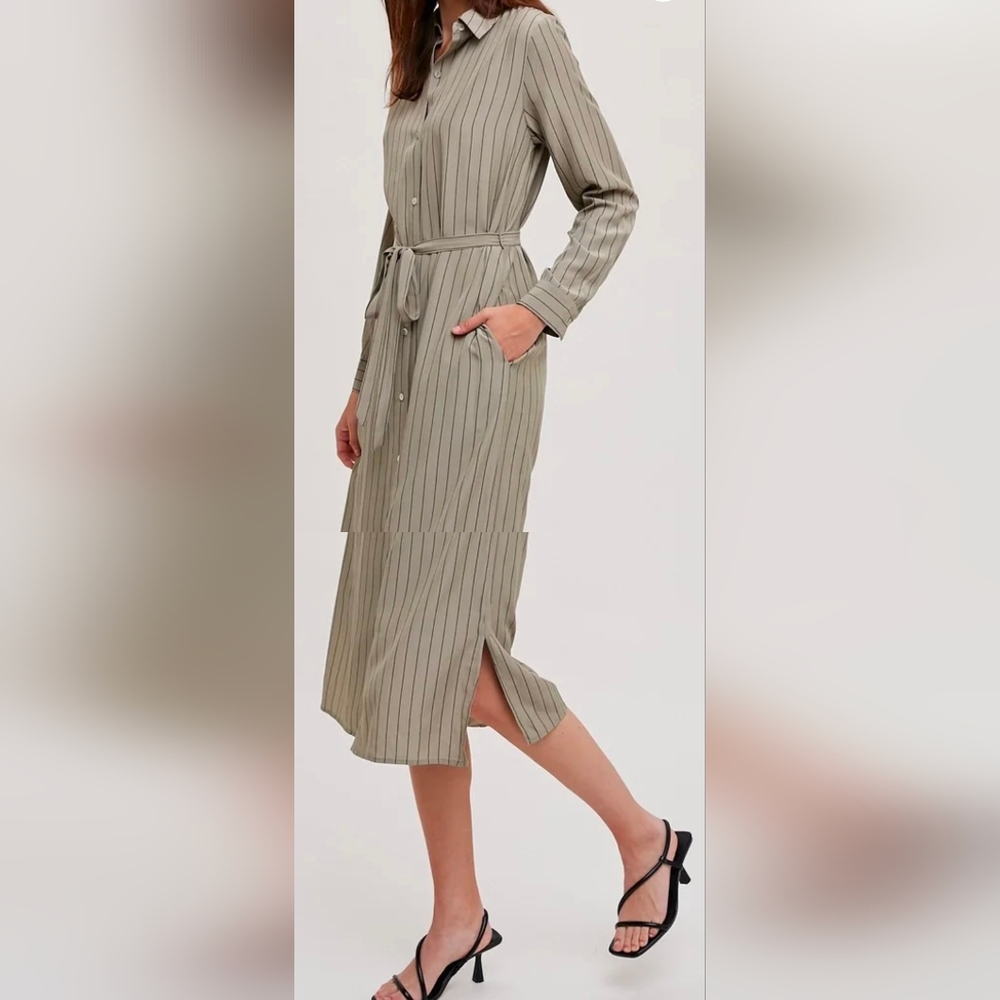 Olive Pinstripe Button-Up Shirt Midi Shirt Dress